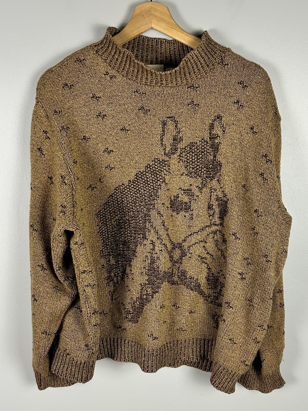 COTTON COUNTRY Horse Sweater Brown Sz Large Equestrian Mock Neck Farm Country